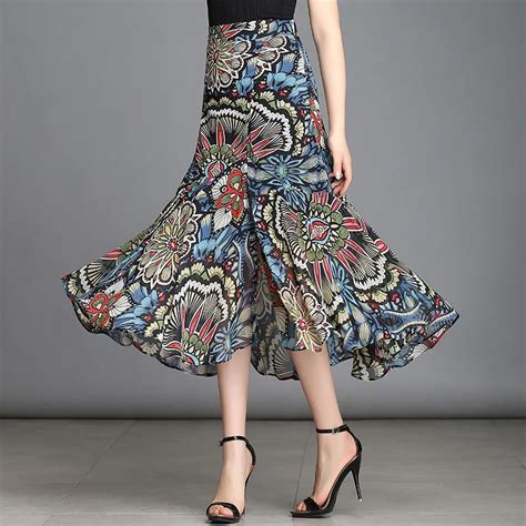 Womens Long Skirt Boho Print Floral Pleated Ruffles Asymmetrical Maxi