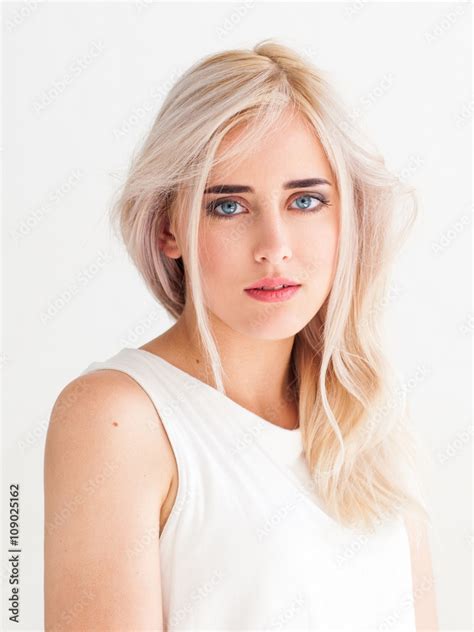 Blushed Touching Woman With Nude Makeup On White Background Blonde Calm Tender Girl Isolated On