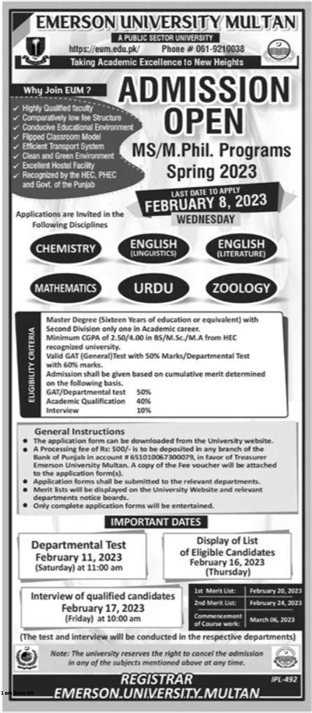 Emerson University Multan Ms Mphil Admission Spring 2023 Resultpk