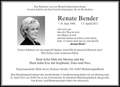 Alle Traueranzeigen für Renate Bender trauer rp online de