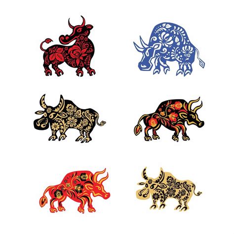 Set Of Taurus Bull Buffalo With Retro Ethno Vector Illustration Eps