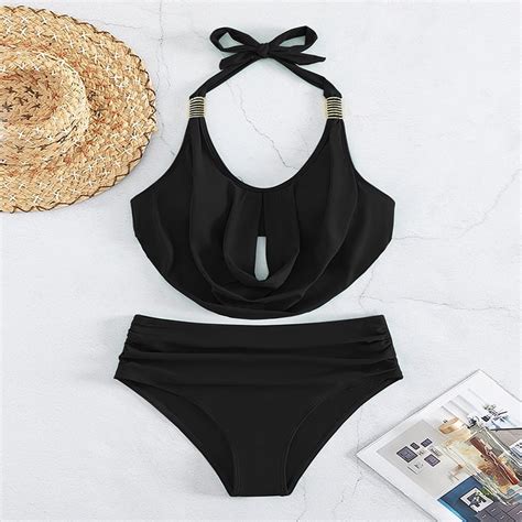 HHH New Pure Color Halter Backless Beach Bikini Swimsuit Triangle Split Swimwear For Women