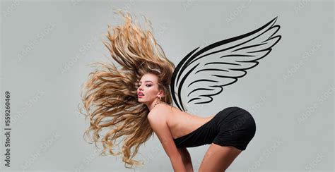 Sensual Girl With Angel Wings Valentines Day Banner Of Sexy Woman With Naked Body Hair In