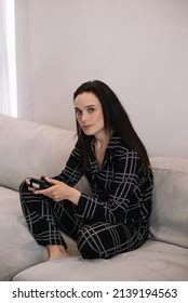 Funny Pretty Brunette Lady Gamer Using Stock Photo