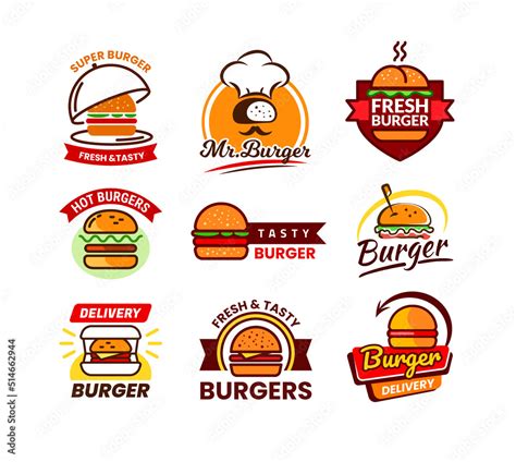 Burger Logo Set Big Hamburger And Sandwich Logotype For Cafe Or