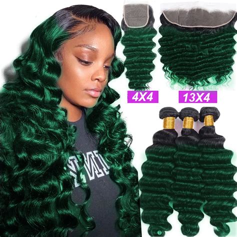 Bundles De Cheveux Humains Vert Fonc Ombra Avec Fermeture Lacet Remy