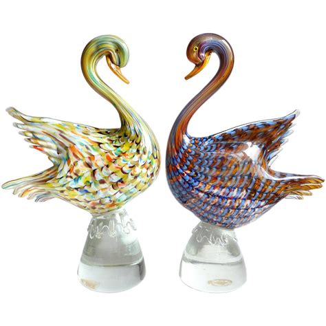 Colorful Murano Fenicio Pulled Feather Design Italian Art Glass Swan Sculptures For Sale At 1stdibs