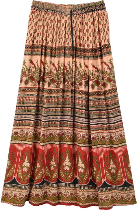 Tribal Print Floral Paisley Long Gypsy Skirt Beige Floral Printed Paisley