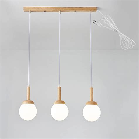 Fsliving Wooden Handle Light White Globe Glass Swag Pendant Light