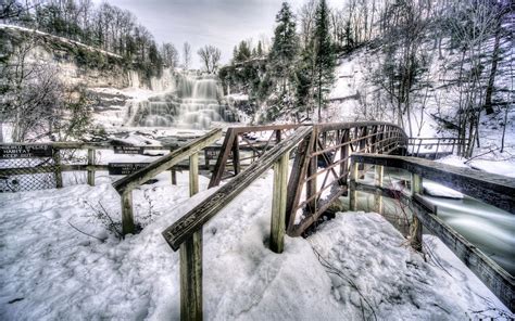 Chittenango Falls State Park, New York, USA, waterfall, winter, snow, bridge wallpaper | travel ...