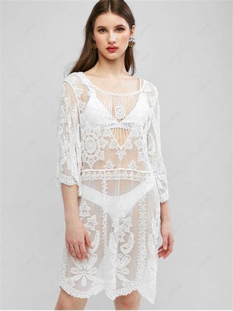 [26 Off] 2021 Lace Crochet See Thru Cover Up Dress In White Zaful