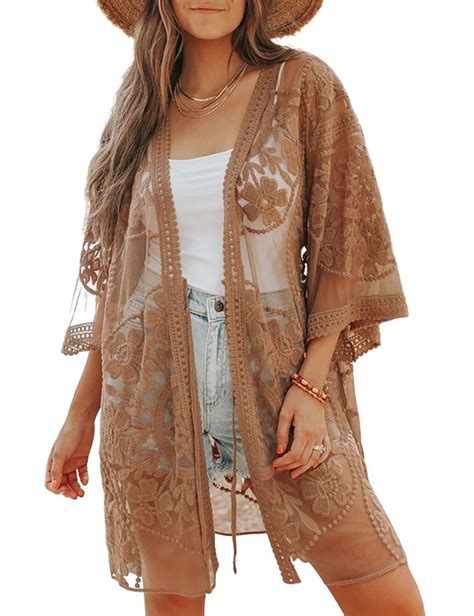 Bsubseach Womens Lace Up Deep V Neck Short Sleeve Beach Kimono