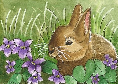 Aceo Limited Edition Bunny And Violets Print Of Original Pen And Ink Ebay