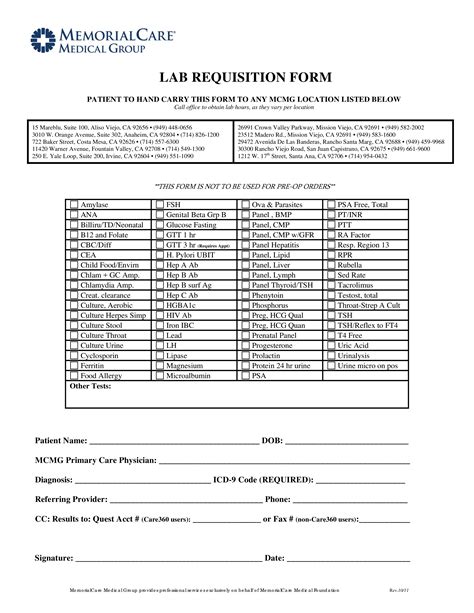 Laboratory Requisition Form Sample