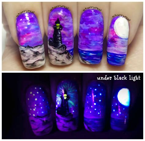 Lighthouse At Night ⎮ Glow In The Dark Freehand Nail Art Tutorial