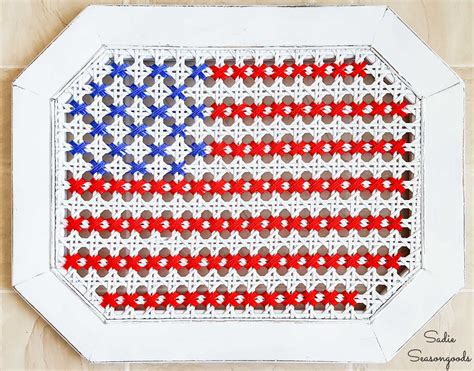 American Flag Cross Stitch on a Cane Side Table with Yarn!