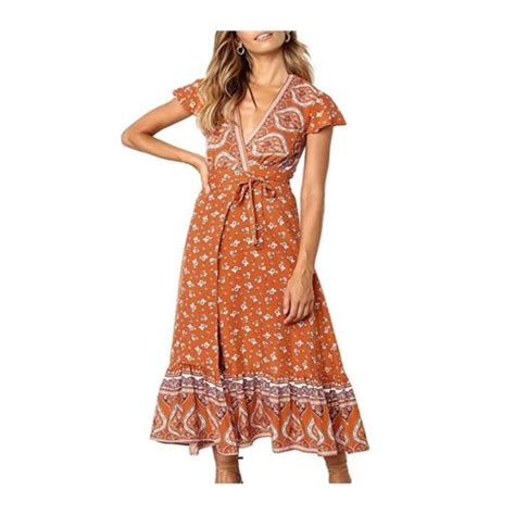 Zesica Dresses Womens Bohemian Floral Printed Wrap V Neck Short Sleeve Split Maxi Nwt Poshmark