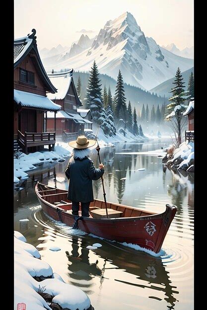 Premium AI Image | Old man fishing in a boat with houses trees forests ...