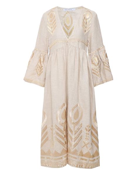 Greek Archaic Kori Linen Midi Feather Dress In Gold Metallic Lyst Uk