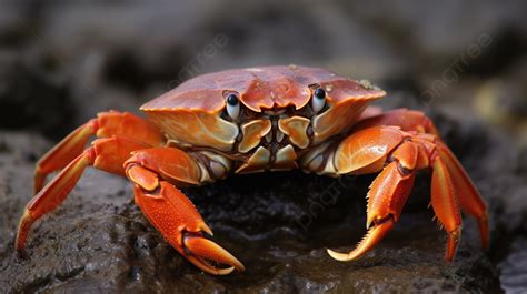 An Orange Crab Clinging To Rocks In The Sea Background Pictures Of