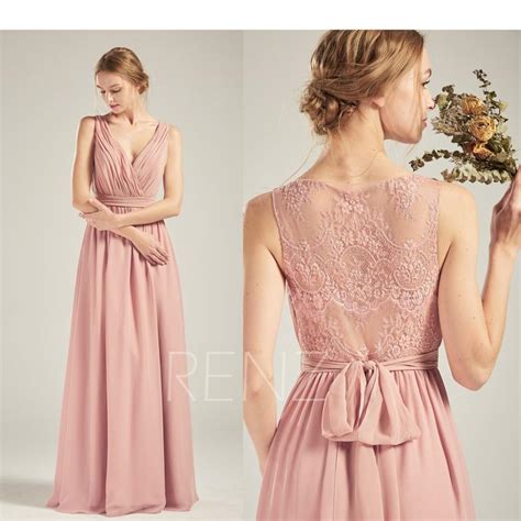 Prom Dress Dusty Rose Chiffon Dress Illusion Lace Beaded Back Party Dress Wedding Dress V Neck