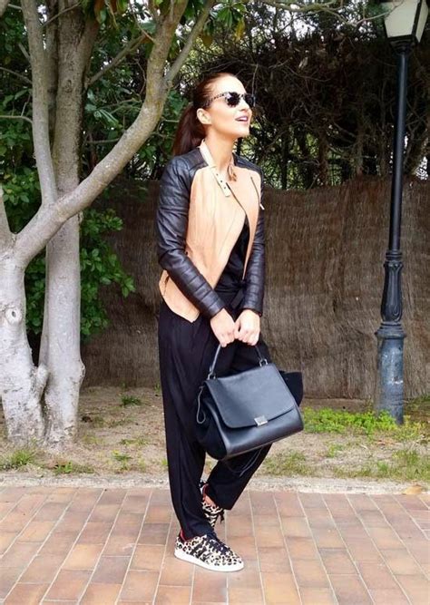 Tras la pista de Paula Echevarría Biker Jacket Slip Dress Black Jeans