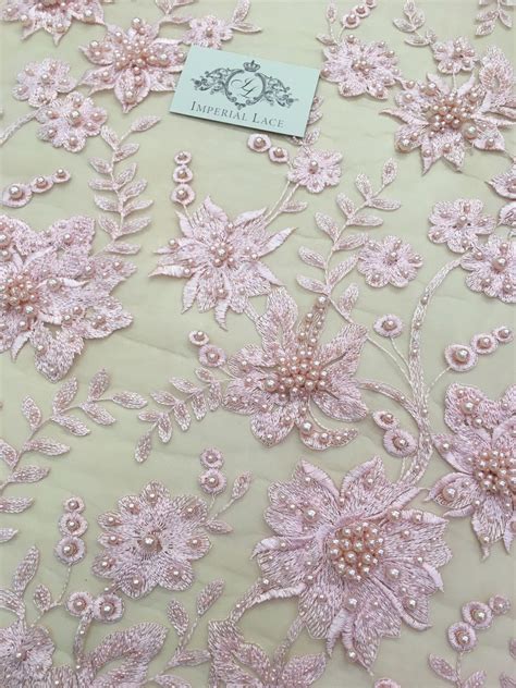 Pink beaded floral lace fabric - 3D lace & embroidery - lace fabric ...