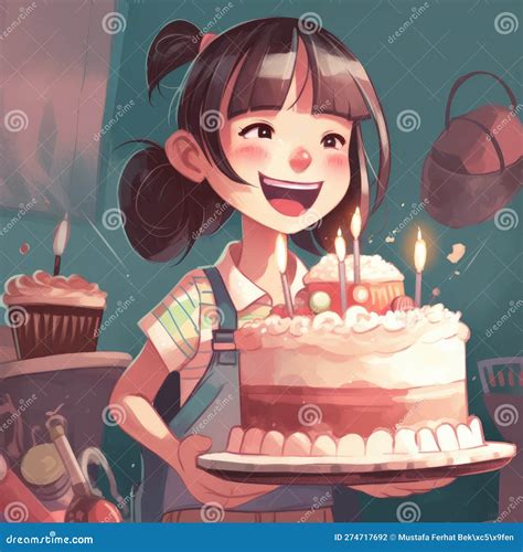 A Girl Is Holding A Cake While Celebrating A Birthday Cartoon Illustration With Generative Ai