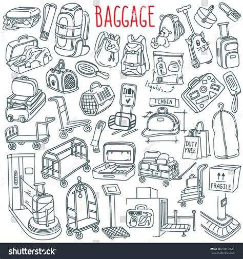 Baggage Themed Doodle Set Different Types Stock Vector