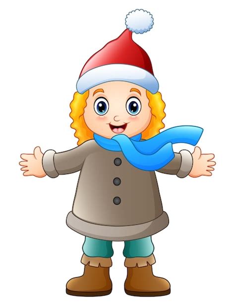 Cartoon Meisje In Winterkleren Zwaaien Premium Vector