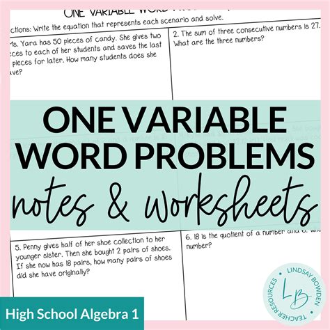 One Variable Word Problems Notes And Worksheets Lindsay Bowden