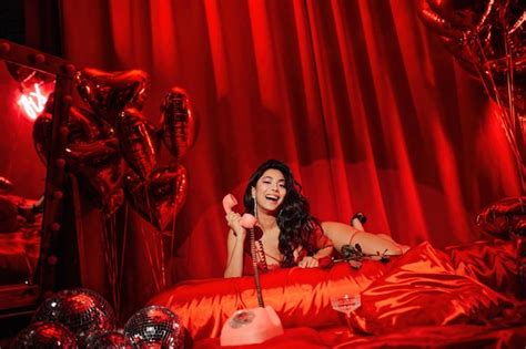 Premium Photo Portrait Of Smile Sexy Asian Girl Glam Makeup In Red Lace Lingerie Lying On Bed