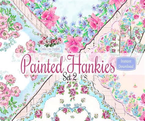 Hand Painted Hankies Set 2 Printable Hanky Designs Pockets Tags Gouache And Ink Vintage