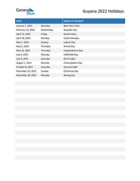 Guyana Holidays 2022 in PDF, Word and Excel