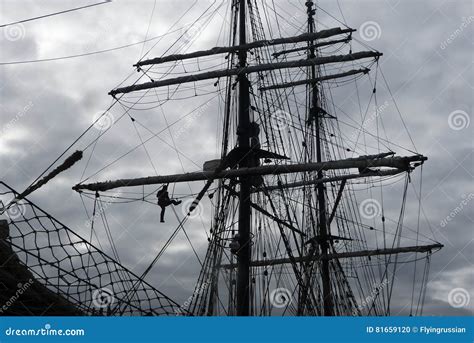 Sailors Working Aloft In The Rigging Traditional Tallship Stock Photo