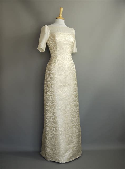 Size UK 8 - Silver and Pearl Brocade Bandeau Grace Wedding Gown