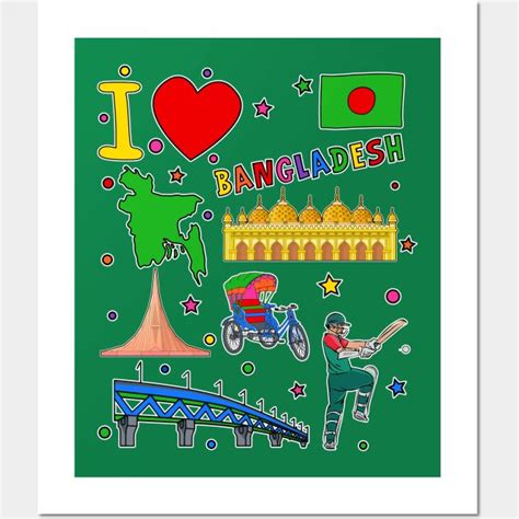 I Love Bangladesh Hand Drawn Bangladeshi Landmarks Flag And Map Wall