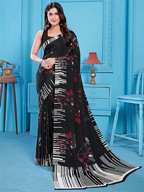 Buy Satrani Black Red Floral Printed Poly Crepe Saree Sarees For