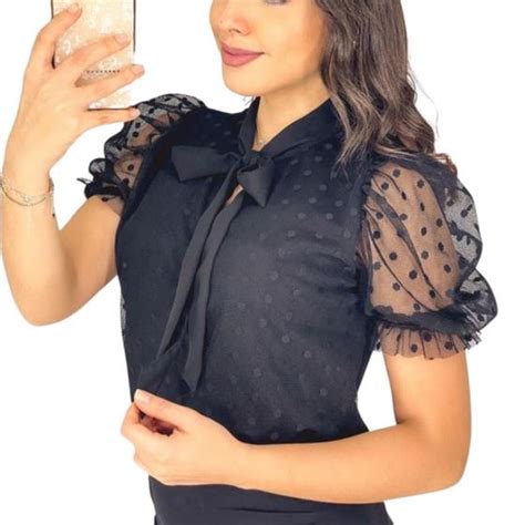 Blusa Social Feminina Manga Princesa Tule Poa Gola La O Look