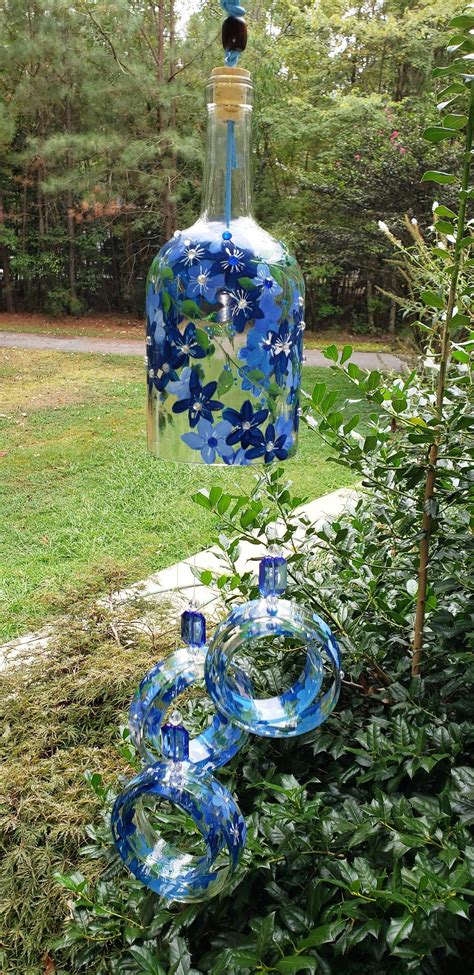 Wind Chimes Made From Wine Bottles Shades Of Blue Etsy Wine Bottle