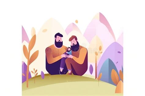 Lgbtq Couple With A Baby In A Park Happy Men Gay Couple Adopting A Baby Minimalist