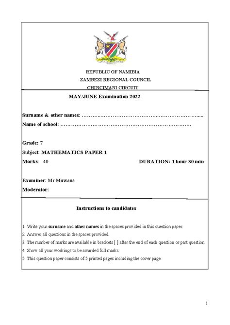 Education Exam Papers Namibia Mathematics Grade 10 2