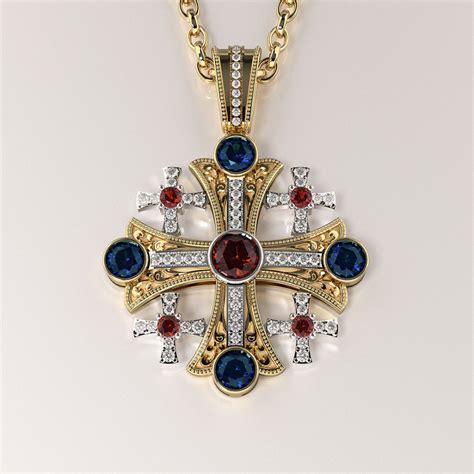 Jerusalem Cross Pendant with gemstones 004 3D model 3D printable STL ...