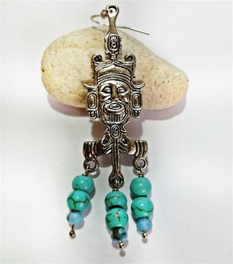 Blue Stone Beads Mayan Aztec Silver Earrings Mayan Sun God Etsy