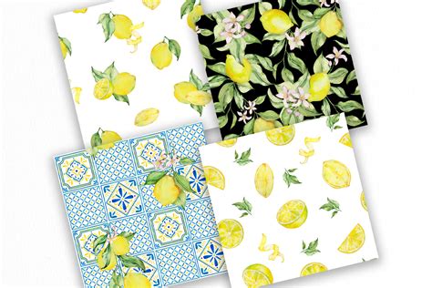 Watercolor Lemon And Italian Tile Digital Paper By Svetaartlana