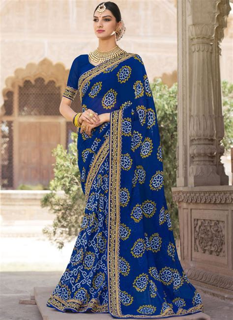 Faux Georgette Blue Classic Designer Saree Buy Online