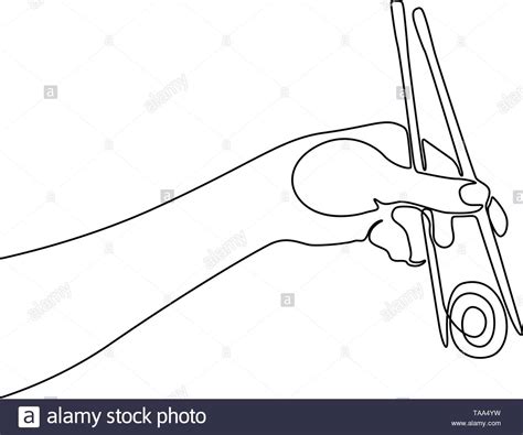 Continuous One Line Hand Holding Chopstick And Sushi Isolated Stock