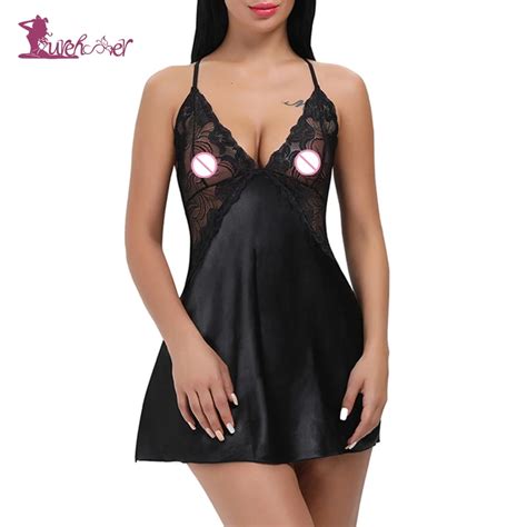 Lurehooker Sexy Lingerie Hot Lace Erotic Silk Deep V Neck Sleep Dress