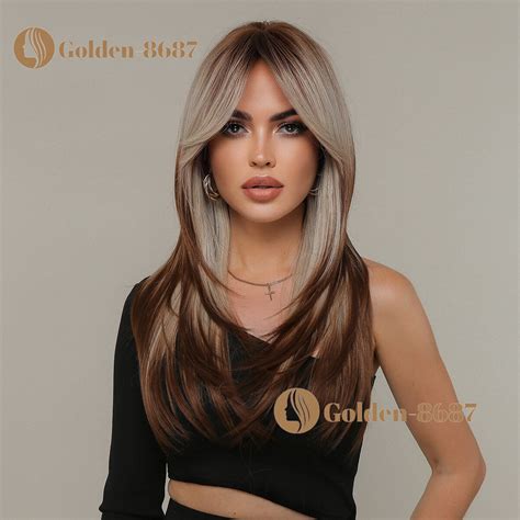 Long Straight Blonde Layered Brown Ombre Wigs With Bangs Synthetic Wigs