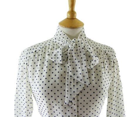 S Pussy Bow Polka Dot Blouse Blue Vintage Clothing